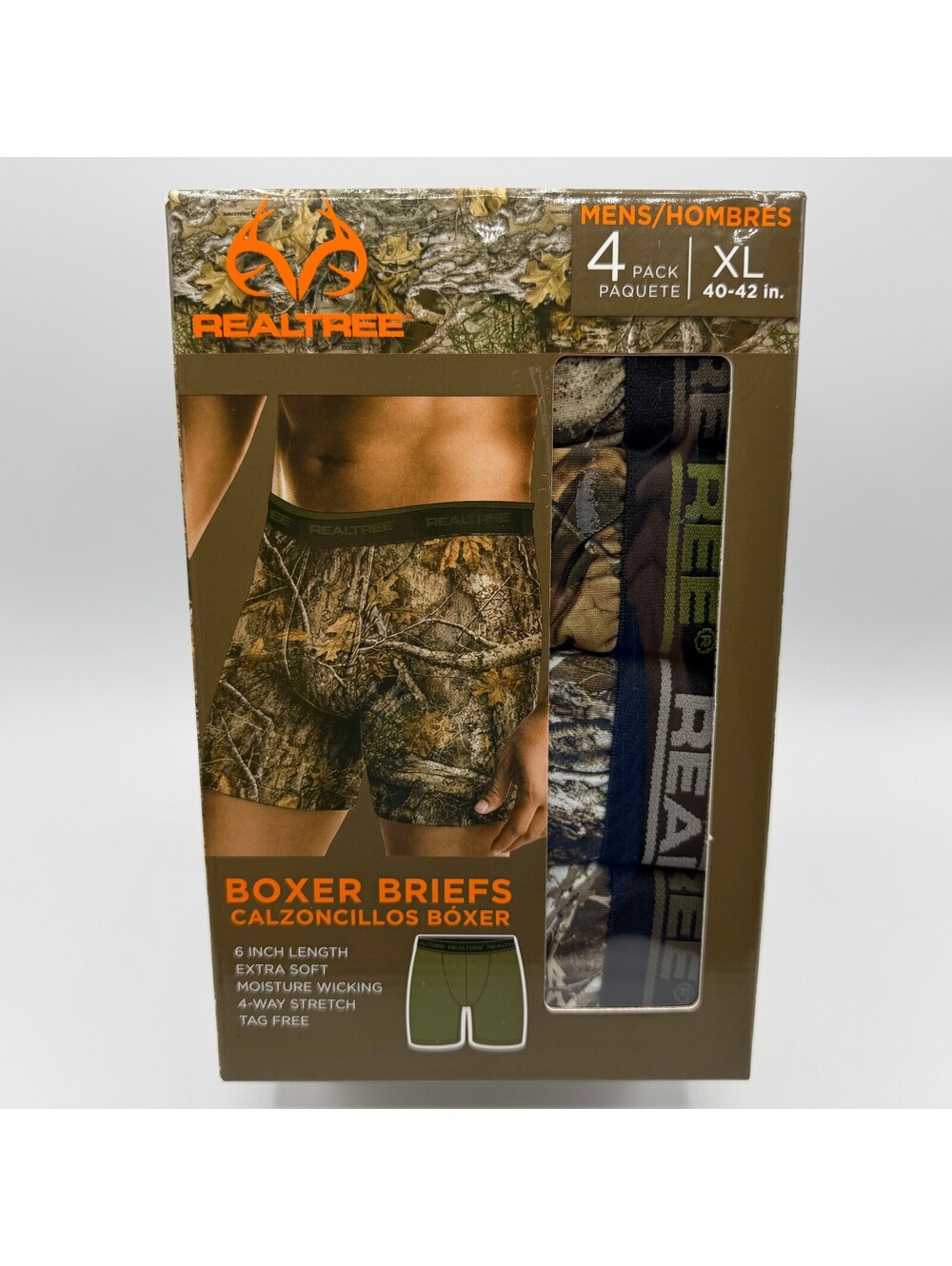 Realtree Men's Boxer Briefs 4 Pack XL 40 - 42 Camo Moisture Wicking Tagless NEW